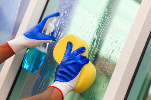 Kitchen house cleaning with microfiber cloth and spray bottle