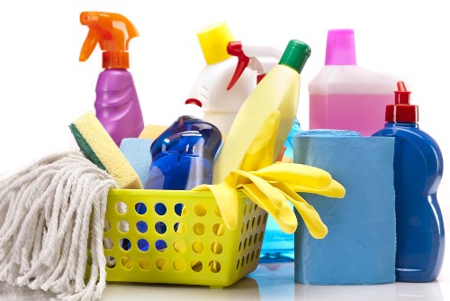Deep cleaning supplies arranged for a home or business cleaning project